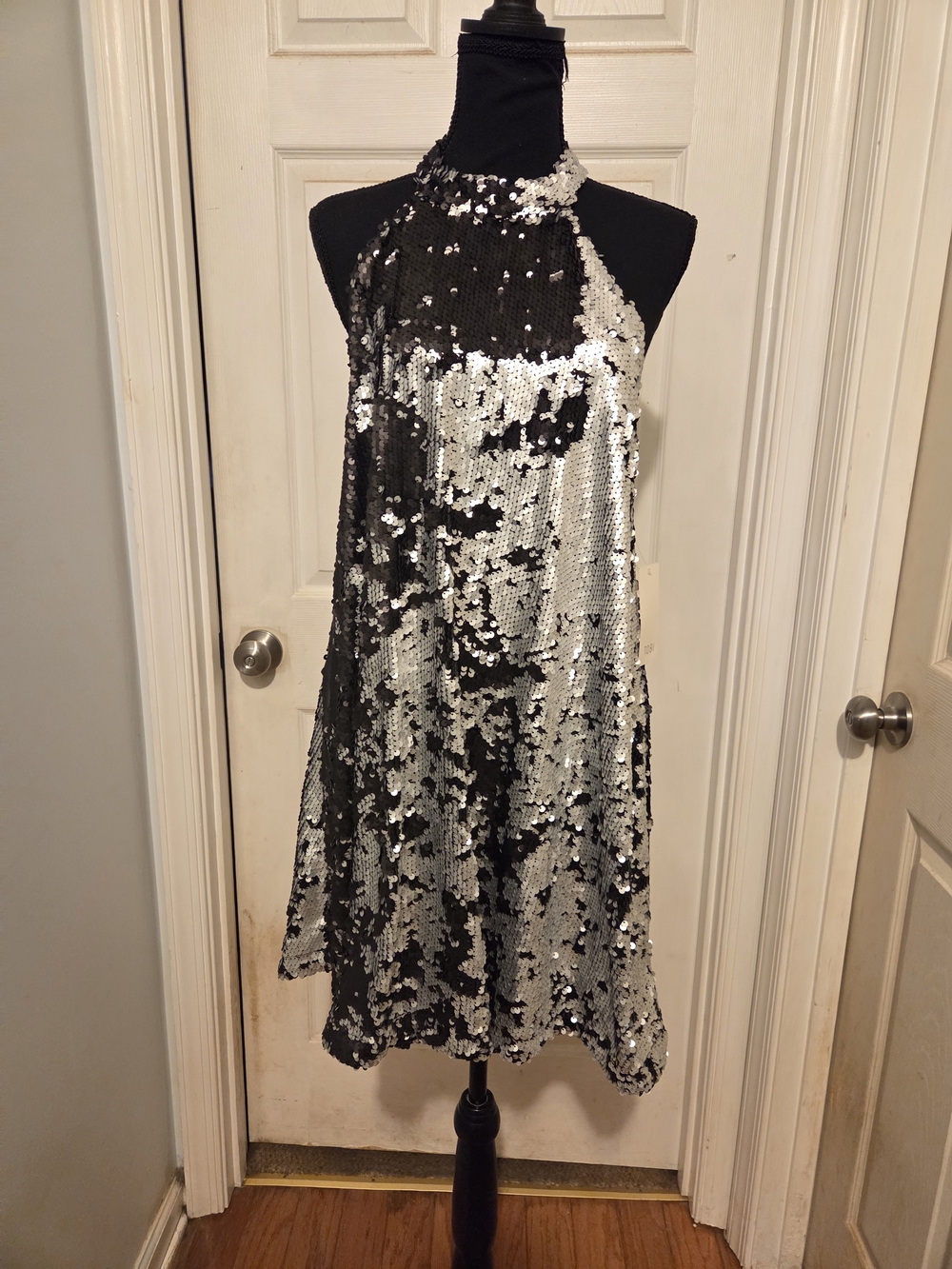 Tobi Black and Silver Reversible Sequin Halter Mini Dress